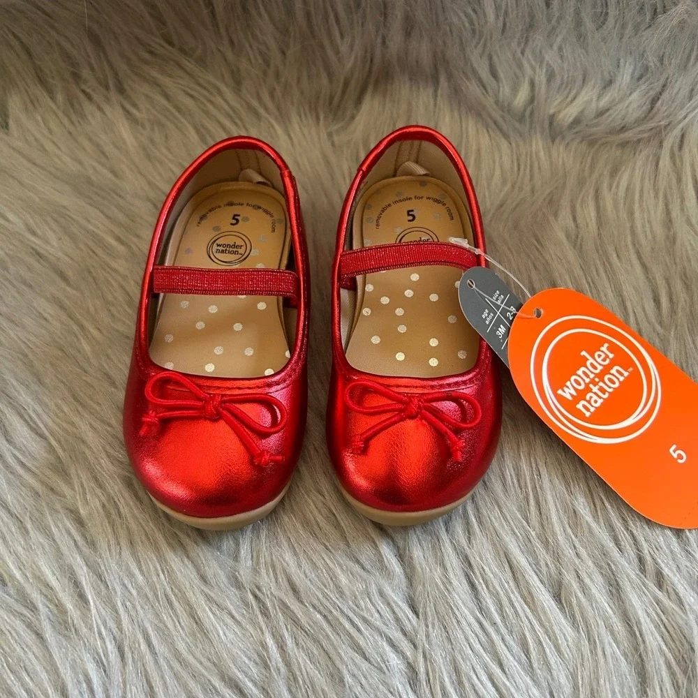 Wonder Nation Bow Ballet Shoes Baby Girls Size 5 Red Mary‎ Jane Slip On
